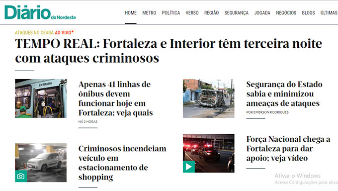   Jornal Diário do Nordeste dedica página principal, em tempo real, para cobertura dos ataques na capital e no interior