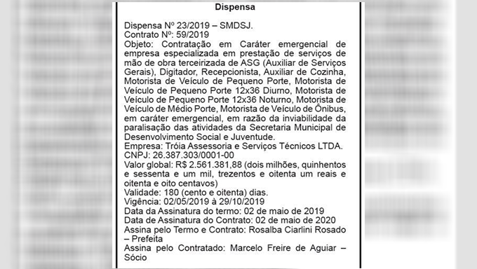 Imagem 1 -  Sem licitação, Prefeitura renova contrato com a Troia por 2,5 milhões por 6 meses. A contração com dispensa de licitação em caráter emergencial foi publicada no JOM da sexta-feira (3). A empresa deverá prestar serviços terceirizados à Prefeitura de Mossoró em um período que vai de 2 de maio a 29 de outubro de 2019. 