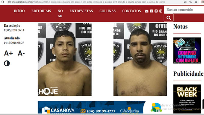   Rô (à dir. na foto) quando foi preso em flagrante, ao lado do comparsa Berguinho, por ter matado Temberg no dia 16 de junho de 2018, em Assu, para ganharem uma moto Honda Fan 