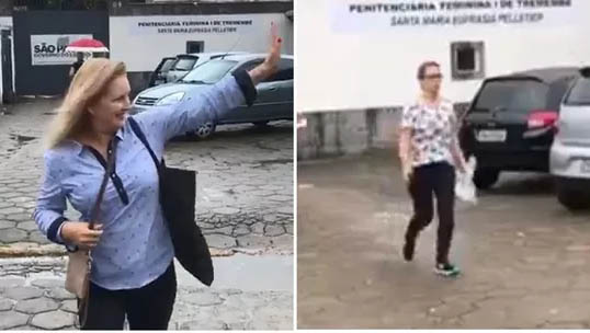   Elize e Anna Carolina deixando a prisão nesta segunda. Suzane saiu em um veículo escuro, por determinação da justiça, visando evitar tumulto por conta do livro que contará a história de como ela planejou a morte dos pais.