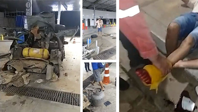   Veículo ficou destruído com a explosão de um botijão de gás, que estava acoplado ao cilindro de gás natural dentro de um veículo; Um cidadã foi atingido por estilhaços no pé