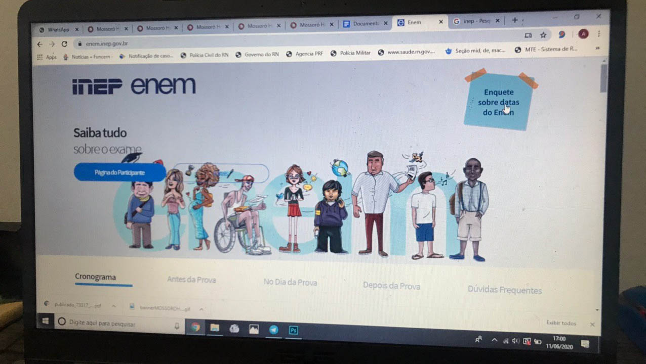   Inep divulga novas opções de datas para realização das provas do Enem 2020. O instituto divulgou 3 opções de datas para cada modalidade do exame, impresso e digital. Os estudantes interessados em opinar sobre as datas poderão participar da enquete entre os dias 20 e 30 de junho, por meio da Página do Participante, no site do Enem.