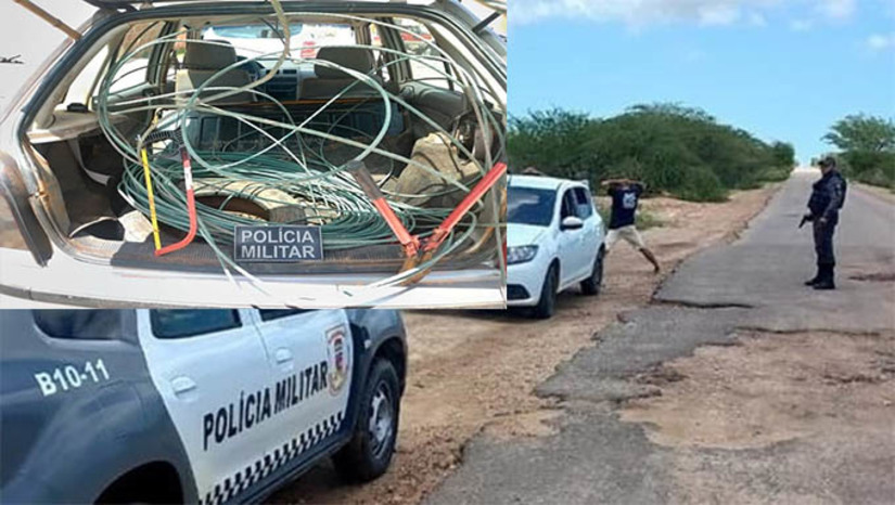 Imagem 1 - Com os suspeitos, os policiais militares apreenderam fios, alicates especiais e dois carros. Eles estavam trafegando pela RN 404. Os quatro, nomes mantidos em sigilo, serão investigados pelo delegado de Polícia Civil da cidade de Assu, objetivando estancar os prejuízos nas cidades e principalmente no seguimento do sal, que registrou prejuízos milionários nos últimos 5 meses devido aos roubos constantes Imagem 1 - Com os suspeitos, os policiais militares apreenderam fios, alicates especiais e dois carros. Eles estavam trafegando pela RN 404. Os quatro, nomes mantidos em sigilo, serão investigados pelo delegado de Polícia Civil da cidade de Assu, objetivando estancar os prejuízos nas cidades e principalmente no seguimento do sal, que registrou prejuízos milionários nos últimos 5 meses devido aos roubos constantes