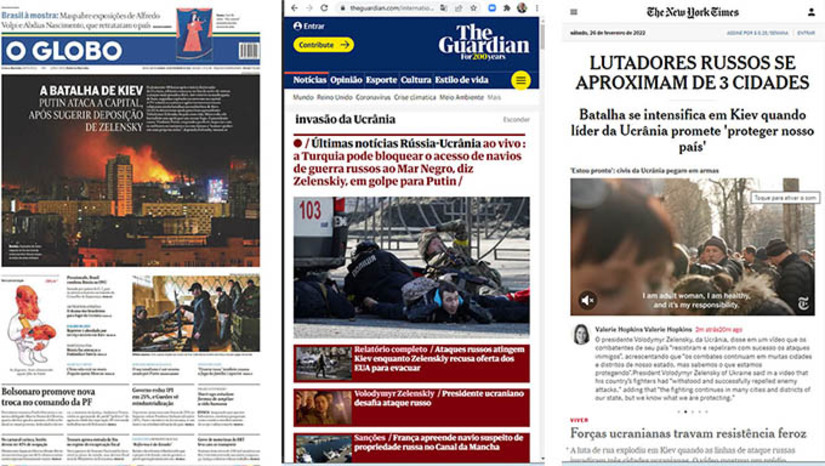   Presidente Russo, Vladimir Putin, ameaça atacar países que ajudar a Ucrânia, enquanto o presidente ucraniano Volodymir Zelensky pede que a população pegue em armas e defenda o país até o fim. No Brasil, o Governo Brasileiro se posicionou na ONU contra o ataque Russo a soberania Ucraniana