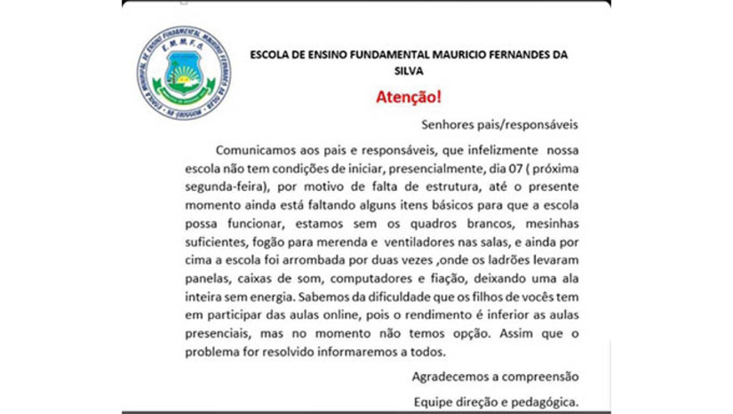 Imagem 1 - Até que sejam reposto o que foi roubado, a Secretaria de Educação informou que as aulas serão online. As mães dos alunos informaram que segunda-feira, dia 7, quando seriam iniciado as aulas presenciais, vão fazer um protesto. O roubo foi registrado na Polícia, que, em conjunto com a Guarda Municipal, vão intensificar o patrulhamento nas unidades de educação e também de saúde Imagem 1 - Até que sejam reposto o que foi roubado, a Secretaria de Educação informou que as aulas serão online. As mães dos alunos informaram que segunda-feira, dia 7, quando seriam iniciado as aulas presenciais, vão fazer um protesto. O roubo foi registrado na Polícia, que, em conjunto com a Guarda Municipal, vão intensificar o patrulhamento nas unidades de educação e também de saúde