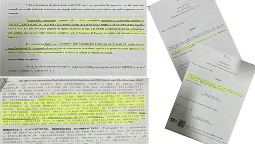 Imagem 1 -  Os interesses dos servidores da saúde de Mossoró, no caso, conforme as decisão judiciais, são defendidos exclusivamente por dois sindicatos específicos: Sindicato dos Servidores da Saúde de Mossoró e o Sindicato  Intermunicipal dos Agentes Comunitários de Saúde e de Combate às Endemias da Região Oeste. A decisão da Justiça já transitou em julgado desde 2017.