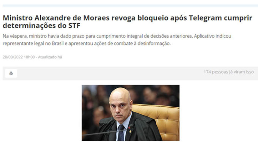 Imagem 1 - Na véspera, ministro havia dado prazo para cumprimento integral de decisões anteriores. Aplicativo indicou representante legal no Brasil e apresentou ações de combate à desinformação. Em carta, CEO do Telegram culpa desencontro de informações por e-mail, grande demanda mundial, e pediu desculpas a alta corte da justiça brasileira pelo descumprimento das decisões. Imagem 1 - Na véspera, ministro havia dado prazo para cumprimento integral de decisões anteriores. Aplicativo indicou representante legal no Brasil e apresentou ações de combate à desinformação. Em carta, CEO do Telegram culpa desencontro de informações por e-mail, grande demanda mundial, e pediu desculpas a alta corte da justiça brasileira pelo descumprimento das decisões.