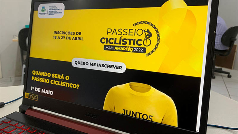 Imagem 1 - Inscrições para o Passeio Ciclístico Maio Amarelo 2022 já estão abertas. Para participar do evento, o interessado deve realizar a inscrição no site oficial até dia 27 de abril: www.passeiomaioamarelo.prefeiturademossoro.com.br. Após o cadastro na plataforma, o participante poderá trocar dois quilos de alimentos pelo passaporte do passeio. Os primeiros 300 inscritos terão direito a camiseta personalizada, pulseira e medalha. Imagem 1 - Inscrições para o Passeio Ciclístico Maio Amarelo 2022 já estão abertas. Para participar do evento, o interessado deve realizar a inscrição no site oficial até dia 27 de abril: www.passeiomaioamarelo.prefeiturademossoro.com.br. Após o cadastro na plataforma, o participante poderá trocar dois quilos de alimentos pelo passaporte do passeio. Os primeiros 300 inscritos terão direito a camiseta personalizada, pulseira e medalha.
