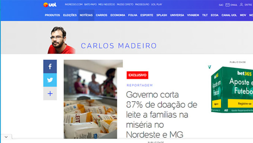Imagem 1 - Reportagem assinada por Carlos Madeiro, mostra que a distribuição de leite nos estados do Nordeste e em Minas Gerais é feita pelo Governo Federal, através do Ministério da Cidadania. num programa que se chama Alimenta Brasil, que distribuía até sete litros de leite por cada família cadastradas no Auxílio Brasil. Os cortes nos investimentos fez a distribuição de leite cair de 28,9 mil litros de leite em 2021 para para apenas 2,1 mil em 2022. Imagem 1 - Reportagem assinada por Carlos Madeiro, mostra que a distribuição de leite nos estados do Nordeste e em Minas Gerais é feita pelo Governo Federal, através do Ministério da Cidadania. num programa que se chama Alimenta Brasil, que distribuía até sete litros de leite por cada família cadastradas no Auxílio Brasil. Os cortes nos investimentos fez a distribuição de leite cair de 28,9 mil litros de leite em 2021 para para apenas 2,1 mil em 2022.