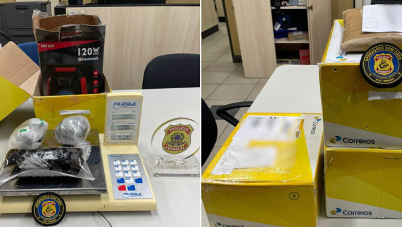 Imagem 1 -  PF apreende haxixe, maconha e ecstasy enviados via Correios, no município de Natal. As substâncias apreendidas nesta quarta-feira (8) (1,24 kg de haxixe, 3,10 kg de maconha e 488 gramas de ecstasy) foram encontradas graças a utilização dos cães pastores-belga-malinois, Ice e Iron, no  Centro de Tratamento de Cartas e Encomendas dos Correios, na Zona Oeste de Natal. A droga estava camuflada no interior de quatro encomendas, uma delas contendo caixa de som que havia sido remetida de outro estado para a capital potiguar. Não houve prisões. A Polícia Federal instaurou inquérito e busca agora identificar e responsabilizar os envolvidos nesta ação criminosa.