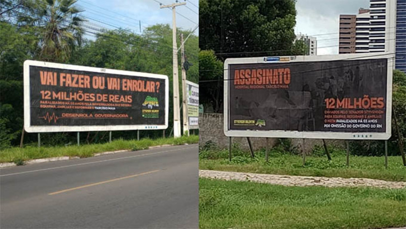 Imagem 1 - Styvenson Valentin destinou mais de R$ 12 milhões para o Governo do Estado investir na estruturação do Hospital Regional Tarcísio Maia, em Mossoró-RN, porém, passados 3 anos desta destinação de recursos federais através de emendas, os recursos ainda não foram aplicados, o que segundo os outdoors resulta em mortes, "ASSASINATO". "VAI FAZER OU VAI ENROLAR?", pergunta a peça publicitária instalada em Mossoró-RN. Veja o que diz o Governo do Estado, em Nota.. Imagem 1 - Styvenson Valentin destinou mais de R$ 12 milhões para o Governo do Estado investir na estruturação do Hospital Regional Tarcísio Maia, em Mossoró-RN, porém, passados 3 anos desta destinação de recursos federais através de emendas, os recursos ainda não foram aplicados, o que segundo os outdoors resulta em mortes, "ASSASINATO". "VAI FAZER OU VAI ENROLAR?", pergunta a peça publicitária instalada em Mossoró-RN. Veja o que diz o Governo do Estado, em Nota..