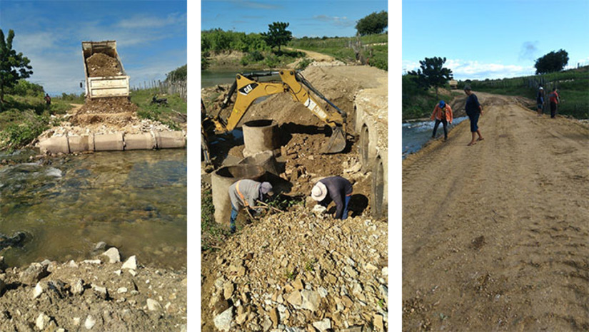 Imagem 1 - O trabalho foi iniciado no dia 18 de maio pela passagem molhada da Gangorrinha e atendeu também, em tempo recorde, as passagens molhadas das localidades rurais de Bamburral, Pau D'Arco e que faz a ligação entre São Bento e Monte Alegre. “Posso afirmar que em Governador nunca se viu um trabalho realizado com tanta rapidez para atender rapidamente os anseios da população”, destacou Genivaldo Felipe Melo, secretário municipal de Obras, Transportes e Urbanismo. O prefeito Artur Vale observa que estruturas haviam sido danificadas pelo período de chuvas. Imagem 1 - O trabalho foi iniciado no dia 18 de maio pela passagem molhada da Gangorrinha e atendeu também, em tempo recorde, as passagens molhadas das localidades rurais de Bamburral, Pau D'Arco e que faz a ligação entre São Bento e Monte Alegre. “Posso afirmar que em Governador nunca se viu um trabalho realizado com tanta rapidez para atender rapidamente os anseios da população”, destacou Genivaldo Felipe Melo, secretário municipal de Obras, Transportes e Urbanismo. O prefeito Artur Vale observa que estruturas haviam sido danificadas pelo período de chuvas.