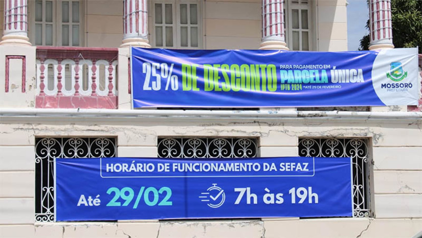 Imagem 1 - Contribuinte de Mossoró tem até esta quinta (29) para garantir 25% de desconto no IPTU. “Últimas horas para o contribuinte mossoroense ficar em dia com a cidade, aproveitando um excelente desconto de 25% para pagamento em cota única do IPTU 2024”, destacou o titular da Secretaria Municipal da Fazenda, Edilson Júnior. Até esta quinta-feira, a Secretaria da Fazenda estará funcionando em horário estendido das 7h às 19h para atender todos os contribuintes mossoroenses que procurarem regularizar o IPTU, seja para pegar o boleto do IPTU 2024 ou para acertar alguma pendência dos exercícios anteriores. Imagem 1 - Contribuinte de Mossoró tem até esta quinta (29) para garantir 25% de desconto no IPTU. “Últimas horas para o contribuinte mossoroense ficar em dia com a cidade, aproveitando um excelente desconto de 25% para pagamento em cota única do IPTU 2024”, destacou o titular da Secretaria Municipal da Fazenda, Edilson Júnior. Até esta quinta-feira, a Secretaria da Fazenda estará funcionando em horário estendido das 7h às 19h para atender todos os contribuintes mossoroenses que procurarem regularizar o IPTU, seja para pegar o boleto do IPTU 2024 ou para acertar alguma pendência dos exercícios anteriores.