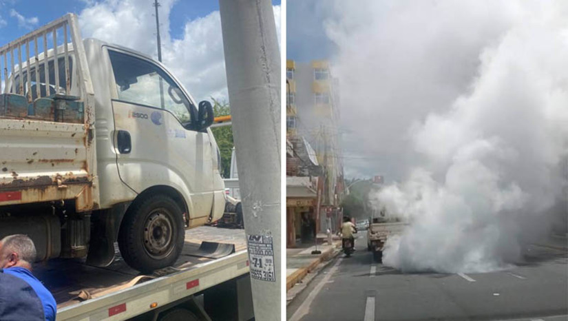 Imagem 1 - Caminhão da Caern é guinchado por estar circulando soltando grande quantidade de fumaça. O caso aconteceu no final da manhã desta segunda-feira (25), no Centro de Mossoró. Os agentes de trânsito do município fizeram a abordagem e recolheram o veículo, após identificar que ele não tinha qualquer condição de estar em circulação, dificultando a visão dos demais condutores e causando grande risco no trânsito. Imagem 1 - Caminhão da Caern é guinchado por estar circulando soltando grande quantidade de fumaça. O caso aconteceu no final da manhã desta segunda-feira (25), no Centro de Mossoró. Os agentes de trânsito do município fizeram a abordagem e recolheram o veículo, após identificar que ele não tinha qualquer condição de estar em circulação, dificultando a visão dos demais condutores e causando grande risco no trânsito.