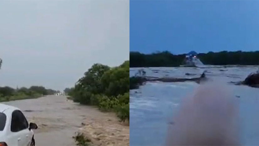 Imagem 1 -  Apesar da violência da enxurrada, provocada por rompimento de açudes na região, teve tempo dos motoristas que passavam pelo local evitar a ponte. Um grupo ficou ilhado entre uma ponte e outra. Outras cinco ou seis pessoas, também ficaram ilhados na propriedade privada, perto da rodovia. foram resgatadas pelos Bombeiros. A PRF fechou o trecho nos dois sentidos por tempo indeterminado. Veja as rotas alternativas e o que diz o Governo do Estado em NOTA.