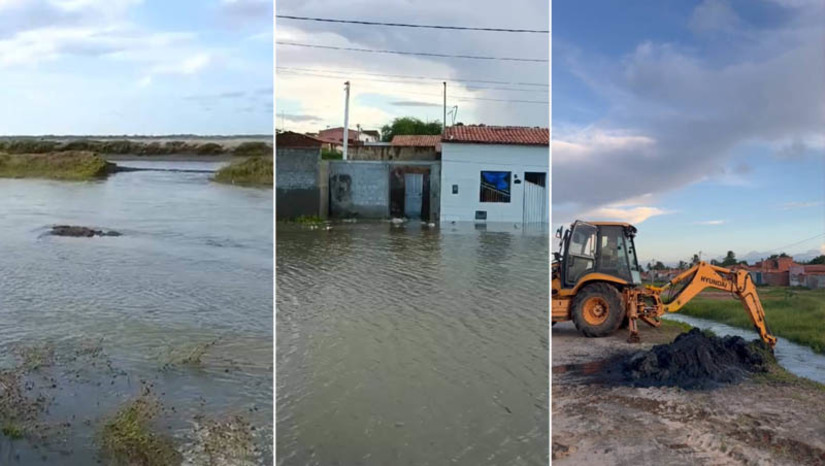 Imagem 1 - Dique de salina se rompe e alaga casas na cidade de Grossos-RN. A inundação invadiu várias residências, deixando dezenas de moradores ilhados. O Portal Mossoró Hoje recebeu vários vídeos que mostram casas totalmente alagadas após o rompimento do canal. A prefeitura de Grossos, através da secretaria de Obras, esteve no local e utilizou máquinas para desobstruir o canal e facilitar o escoamento das águas. Imagem 1 - Dique de salina se rompe e alaga casas na cidade de Grossos-RN. A inundação invadiu várias residências, deixando dezenas de moradores ilhados. O Portal Mossoró Hoje recebeu vários vídeos que mostram casas totalmente alagadas após o rompimento do canal. A prefeitura de Grossos, através da secretaria de Obras, esteve no local e utilizou máquinas para desobstruir o canal e facilitar o escoamento das águas.