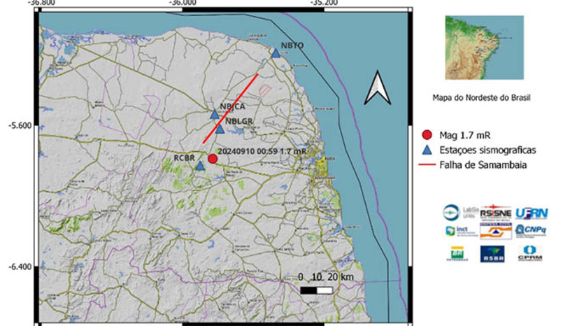 Imagem 1 -  Laboratório Sismológico da UFRN registra tremor de terra em Riachuelo/RN. O evento ocorreu à 00h59 UTC desta terça-feira (10) (21h59, do dia anterior pelo horário de Brasília) e teve magnitude 1.7 mR. Segundo vários relatos percebidos, o sismo foi sentido pela população que viu janelas e portas balançando, acompanhado por um estrondo contínuo. Até o momento, não há sinais de destruição causadas pelo sismo.