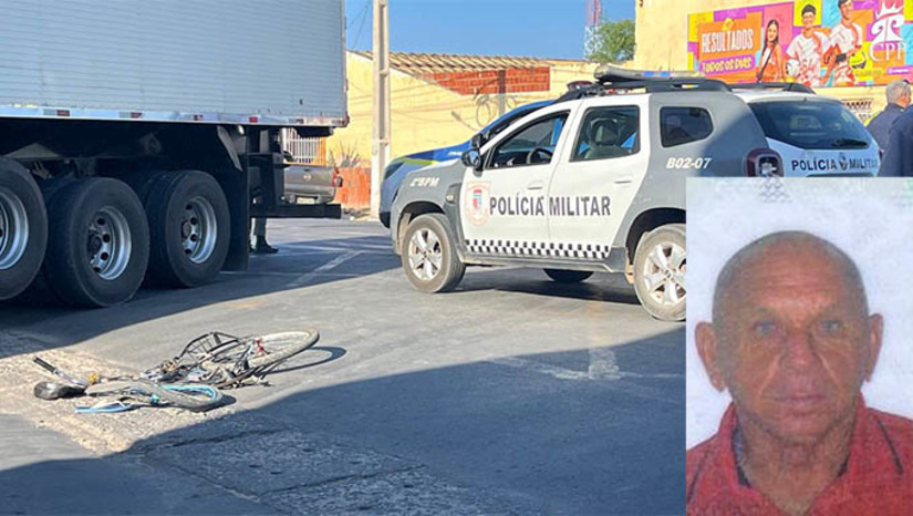 Imagem 1 -  Aposentado morre em acidente de trânsito no bairro Barrocas, em Mossoró. O caso aconteceu por volta das 14h50 desta segunda-feira (16), no cruzamento da Av. Alberto Maranhão com a Rua João Cordeiro. Lindomar Luiz da Silva, de 61 anos, natural de Catolé do Rocha/PB, estava trafegando em uma bicicleta, juntamente com sua companheira, quando foi colhido por uma carreta. O corpo do idoso ficou preso entre os pneus da carreta. A mulher, identificada apenas como “Tonha”, foi socorrida com vida e orientada para o HRTM. O condutor do veículo permaneceu no local até a chegada das autoridades. Ele entrou em estado de choque e também foi socorrido para o hospital. A polícia civil vai investigar o caso.
