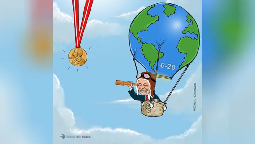 Imagem 1 -  [COLUNA ESPLANADA] Lula da Silva aproveitou a vitrine da cúpula do G20 no Rio de Janeiro mais uma vez para se cacifar e tentar uma última tacada internacional para um sonho antigo: ganhar o Nobel da Paz pela sua luta de combate à fome, seu carro-chefe desde o 1º mandato em 2003. Seu sonho é se aposentar da política e rodar o mundo com a “ficha-limpa” com a anulação da sua condenação pelo STF, e como palestrante com um eventual prêmio no currículo.  Ele propôs a abertura de escritórios em vários países para estudar soluções para combater a fome e os presidentes convidados aceitaram. Também deve pedir apoio a Dilma Rousseff, presidente do banco dos BRICS, para bancar esse projeto.