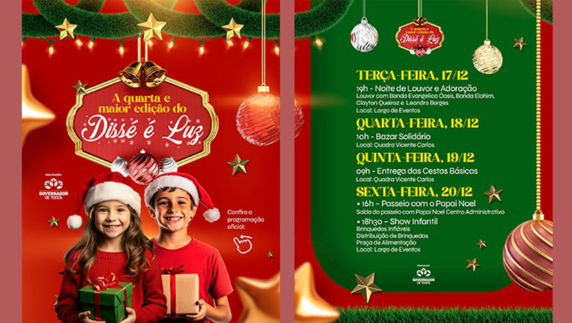 Imagem 1 - O Dissé É Luz da história 2024 será concluído com uma grande festa para todas as famílias, em especial para todas as crianças, com show infantil, brinquedos infláveis, brincadeiras, distribuição de brinquedos e praça de alimentação, a partir das 18h30, no Largo de Eventos. “Preparamos um evento com muito carinho, para todas as famílias dixseptienses. Este é um período muito especial, de muita luz e esperança, e que merece uma programação especial”, exaltou a primeira-dama e Chefe de Gabinete Lorenna Evangelista. Imagem 1 - O Dissé É Luz da história 2024 será concluído com uma grande festa para todas as famílias, em especial para todas as crianças, com show infantil, brinquedos infláveis, brincadeiras, distribuição de brinquedos e praça de alimentação, a partir das 18h30, no Largo de Eventos. “Preparamos um evento com muito carinho, para todas as famílias dixseptienses. Este é um período muito especial, de muita luz e esperança, e que merece uma programação especial”, exaltou a primeira-dama e Chefe de Gabinete Lorenna Evangelista.