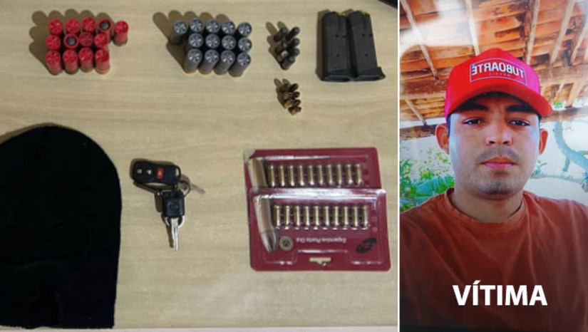 Imagem 1 -  Polícia apreende arma de fogo supostamente utilizada em homicídio ocorrido nesta quarta, em Apodi. Após iniciar as diligências para poder localizar os suspeitos do homicídio de Gean Carlos Dantas Fernandes, de 23 anos, os policiais localizaram um possível endereço em que eles estavam refugiados. Ao chegar no imóvel, os suspeitos fugiram do local. Porém os policiais conseguiram localizar armas de fogo e munições, supostamente utilizadas na ação criminosa. O jovem foi assassinado a tiros, na manhã desta quarta-feira (18), no bairro Cruz de Almas, em Apodi.