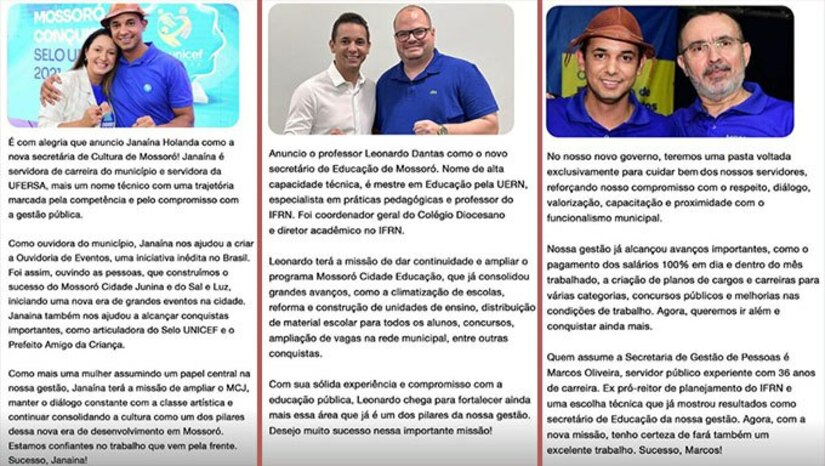 Imagem 1 -  Janaina Holanda é designada para assumir a Secretaria de Cultura de Mossoró. O prefeito Allyson Bezerra também fez mudanças na Secretaria de Serviços Urbanos, mas manteve o secretário Miguel Rogério. Desta pasta, ele desmembrou a Secretaria de Meio Ambiente, que será comandada pela engenheira Sariny Stefany. Na Secretaria de Educação, o secretário Marcos Oliveira será substituído pelo professor Leonardo Dantas. Marcos assumirá a pasta de Gestão de Pessoas. Os secretários Faviano Moreira, Rodrigo Lima e Miguel Rogério continuam nos postos, respectivamente Agricultura, Infraestrutura e Serviços Urbanos.