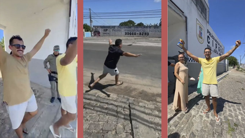 Imagem 1 -  Alexandre Fernandes Roberto, Orlando Paulo Ribeiro Alves e Romulo Paulo Ribeiro Alves, festejaram com pulos de alegria a decisão da Câmara Criminal do Tribunal de Justiça do Estado nesta sexta-feira, 24, quase 5 meses depois que foram presos e acusados de milícia privada e porte ilegal de arma de fogo de uso restrito quando faziam a segurança da família do prefeito Marcelo Oliveira, assassinado em João Dias-RN. 