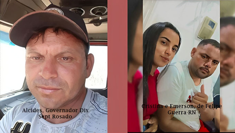 Imagem 1 - No primeiro, o motorista Alcides Severino Quirino, de 43 anos, natural do Pernambuco, foi morto com tiros de escopeta 12. No segundo, em Felipe Gerra-RN, as vítimas são Cristina Costa do Rosário, de 23 anos, que faleceu no local, e o esposo dela, Emerson Valentin, que foi socorrido para o Hospital Tarcísio Maia. Os dois casos serão investigados pela Polícia Civil. Imagem 1 - No primeiro, o motorista Alcides Severino Quirino, de 43 anos, natural do Pernambuco, foi morto com tiros de escopeta 12. No segundo, em Felipe Gerra-RN, as vítimas são Cristina Costa do Rosário, de 23 anos, que faleceu no local, e o esposo dela, Emerson Valentin, que foi socorrido para o Hospital Tarcísio Maia. Os dois casos serão investigados pela Polícia Civil.