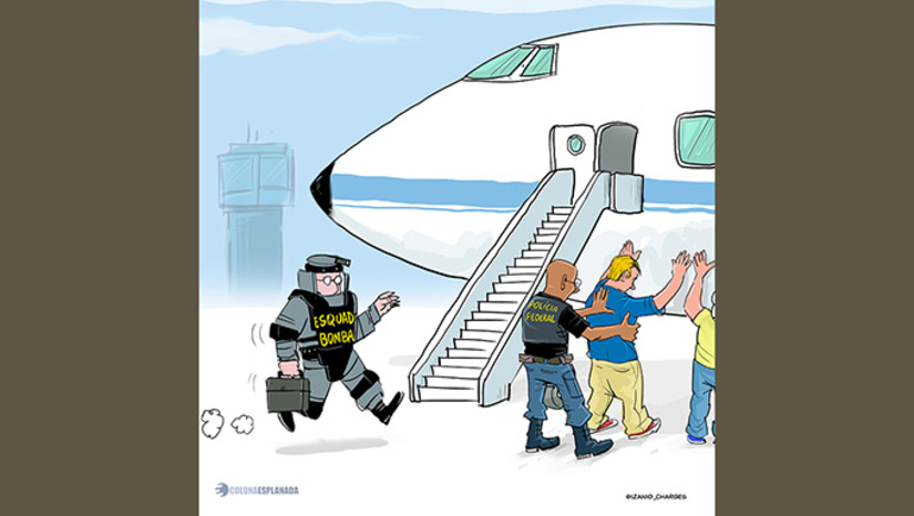   Dois adolescentes afirmaram estar com uma bomba em uma aeronave prestes a decolar, segundo fontes da Coluna. A aeronave da JetSmart com destino a Santiago (Chile) foi evacuada e inspecionada pelo esquadrão antibombas da PF. A ameaça foi descartada após a investigação, informou o RIOgaleão.