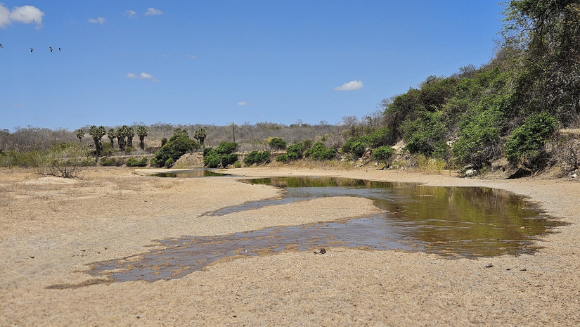 Imagem 1 -  A água liberada pelas comportas da Barragem de Santa Cruz, em Apodi-RN, no dia 3 de outubro, está chegando lentamente em território de Governador Dix-sept Rosado, onde nunca chegou. Já quem mora em Lagoa de Pau e São João da Varzea, a notícia chega com esperança, de que a água também vai chegar para permitir a sobrevivência de seus cultivos e dos animais. Acompanhamos a chegada da água em território de Governador, precisamente na comunidade do Maxixe, onde os agricultores convivem com o rio seco há vários meses.