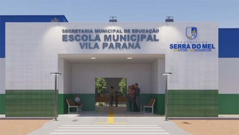   A Prefeitura de Serra do Mel anunciou a construção de uma escola modelo na Vila Paraná, com 9 salas de aula, biblioteca, laboratório de informática com sala maker, sala de AEE, pátio coberto, refeitório e estrutura acessível. O município fica a cerca de 40 km de Mossoró e tem aproximadamente 13 mil habitantes distribuídos em 23 vilas, sendo Brasília e Rio Grande do Norte as vilas centrais e sede do Poder Executivo. A gestão municipal destaca que a obra irá fortalecer a qualidade do ensino e a estrutura da rede pública de educação.