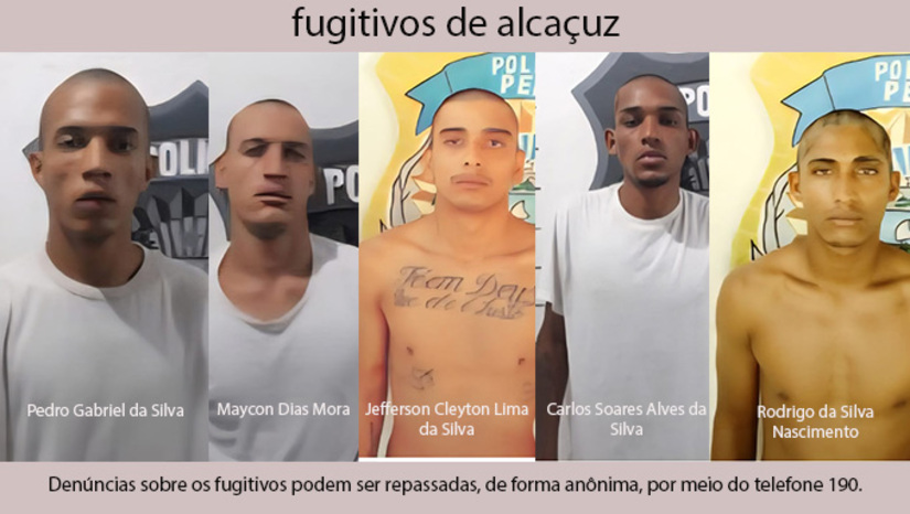 Imagem 1 - Secretaria Estadual de Administração Penitenciária divulga fotos e respectivos nomes dos fugitivos para que a população possa ajudar, através do 190, a recaptura-los: Carlos Soares Alves da Silva, Jefferson Cleyton Lima da Silva, Maycon Dias Mora, Pedro Gabriel da Silva, Rodrigo da Silva Nascimento, romperam as celas onde estavam e conseguiram fugir. Imagem 1 - Secretaria Estadual de Administração Penitenciária divulga fotos e respectivos nomes dos fugitivos para que a população possa ajudar, através do 190, a recaptura-los: Carlos Soares Alves da Silva, Jefferson Cleyton Lima da Silva, Maycon Dias Mora, Pedro Gabriel da Silva, Rodrigo da Silva Nascimento, romperam as celas onde estavam e conseguiram fugir.
