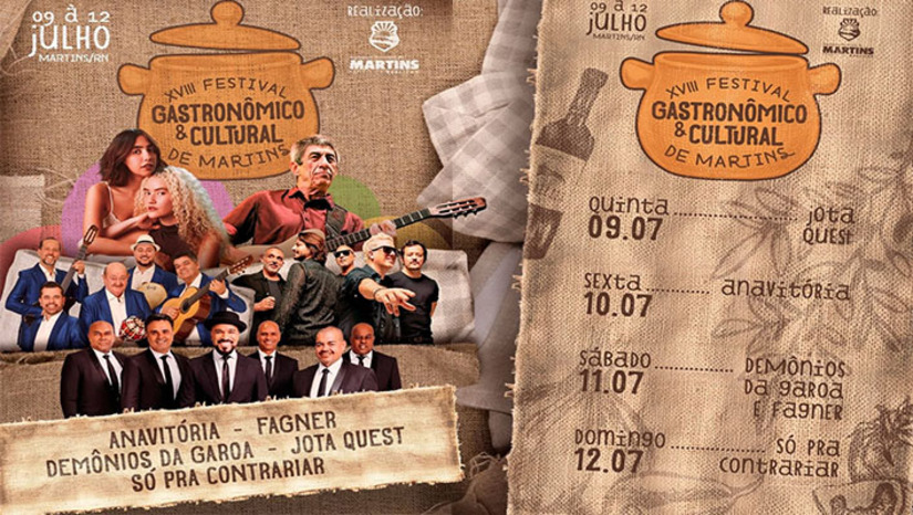 Imagem 1 -  A 18ª edição do Festival Gastronômico e Cultural de Martins (RN) foi confirmada para o período de 9 a 12 de julho. O evento serrano terá shows de Jota Quest, Anavitória e Fagner em uma arena cenográfica gratuita na praça pública. A movimentação financeira projeta esgotar as vagas em hotéis locais e impulsionar o comércio regional com concursos culinários baseados em insumos da serra. A gestão municipal planeja usar o fluxo turístico do inverno para consolidar a demanda de visitantes durante o ano.