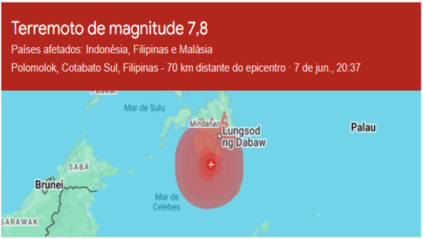   Um forte terremoto de magnitude 7,8 atingiu a ilha de Mindanao, nas Filipinas, provocando danos estruturais, cortes de energia e evacuações devido ao risco de tsunami. O desastre mobilizou o governo local e ganhou ampla repercussão na imprensa internacional, que monitora os estragos e as possíveis réplicas na região.