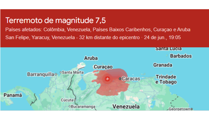   O país decretou estado de emergência após dois terremotos consecutivos (magnitudes 7,1 e 7,5) deixarem ao menos 32 mortos e 700 feridos, além de causarem colapsos de prédios e o fechamento do principal aeroporto do país. Segundo a BBC News Brasil e a Telesur, o Serviço Geológico dos EUA estima que o total de mortes pode passar de 10 mil. O abalo foi sentido no Norte do Brasil, gerando a evacuação preventiva de prédios em Belém e no Amazonas, sem registro de vítimas, o que levou o Itamaraty a oferecer suporte consular enquanto a Venezuela aguarda ajuda humanitária internacional.