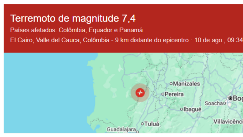   O pior terremoto na Colômbia em dez anos, de magnitude 7,4, deixou ao menos 132 mortos, 570 feridos e 2.700 desaparecidos após atingir o noroeste do país. O governo declarou estado de desastre nacional e mobilizou o Exército para atuar nos resgates, que concentram esforços nas cidades de Cali, Pereira e Manizales. Deslizamentos de terra bloquearam rodovias e isolaram o departamento de Chocó, epicentro do sismo e região de difícil acesso.