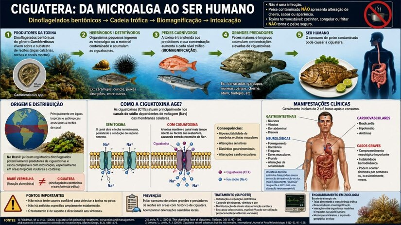   As notificações por ciguatera no Rio Grande do Norte atingiram 141 casos até junho de 2026, uma alta de 60,2% em relação a 2025. O avanço da doença acumula duas mortes no estado desde 2022 e atinge também Fernando de Noronha, que registrou a primeira confirmação científica da toxina caribenha no país. A intoxicação alimentar ocorre pela ingestão de peixes grandes, como barracuda e arabaiana, que acumulam a substância na cadeia alimentar.