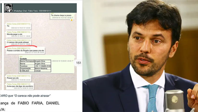   No mesmo inquérito em que o ex-deputado federal Fábio Faria (RN) aparece como intermediador do contrato de R$ 129 milhões entre a advogada Viviane Barci - mulher do ministro Alexandre de Moraes do STF – e Daniel Vorcaro do Master, o ex-ministro das Comunicações de Jair Bolsonaro aparece páginas depois em nova conversa comprometedora com o “ex-banqueiro”. Em print extraído das investigações da Polícia Federal, Faria alerta Vorcaro sobre a importância de não “atrasar os pagamentos” do Careca. “Manda pagar a ele. O Careca não pode atrasar” – o que, na interpretação dos investigadores, é Alexandre de Moraes. A conversa entre eles aconteceu em março de 2024, dois meses depois da assinatura do contrato de R$ 131 milhões entre o Master e o escritório de Viviane. Veja mais na COLUNA ESPLANADA