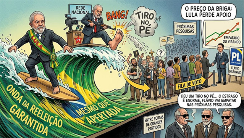   O presidente Lula da Silva (PT), que surfava até semana passada na onda da reeleição garantida, mesmo que apertada, deu um tiro no pé a três semanas da eleição presidencial. A aparição em rede nacional em defesa do Supremo Tribunal Federal jogou todos os evangélicos e os indecisos – não apenas os cristãos – na fila de voto do rival Flávio Bolsonaro (PL). Ele vai aparecer empatado com o petista, ou até virando o jogo, nas próximas pesquisas. É o que comentam entre portas três caciques de grandes partidos. Mais, na COLUNA ESPLANADA