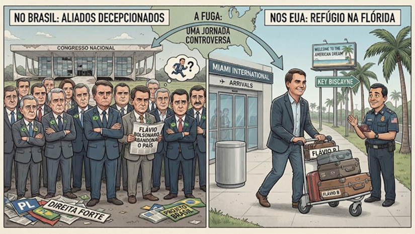   A despeito de sua motivação, os amigos e partidários se sentiram desprestigiados de não serem avisados. Até que ele faça um convincente discurso para esclarecer seu plano, a sensação geral é de que ele abandonou todo um projeto construído a milhares de mãos. Na avaliação de alguns aliados, ao deixar o País, Flávio deu motivo para que a oposição o ataque mais e deixou a conta para os desinformados amigos no Congresso, e para os governadores que levantaram sua bandeira. Mesmo que um dia volte ao Brasil e tente reingressar na política, a constatação de caciques é que ele perdeu votos e voltará bem menor. Mais na COLUNA ESPLANADA